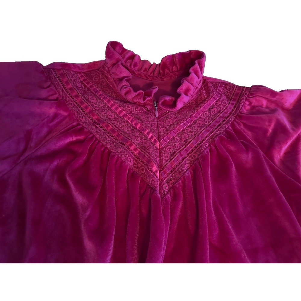 Cranberry Jewel Vtg Velour Prairie Cottage 1/2 Zip Nightgown Smocked Lace L XL